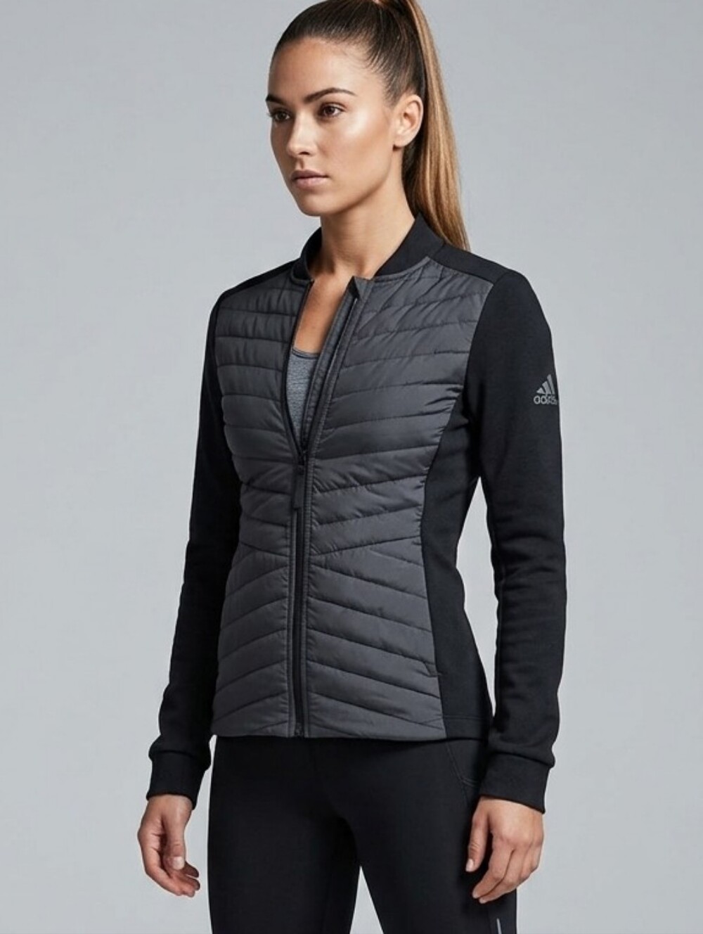 Adidas Women Puffer Sport Jacket Black Slim Fit Outdoor Full Zip Gym Activewear